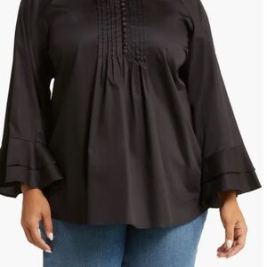 NWT Harshman Nagisa Black Pleated Ruffled 3/4 Sleeve Blouse